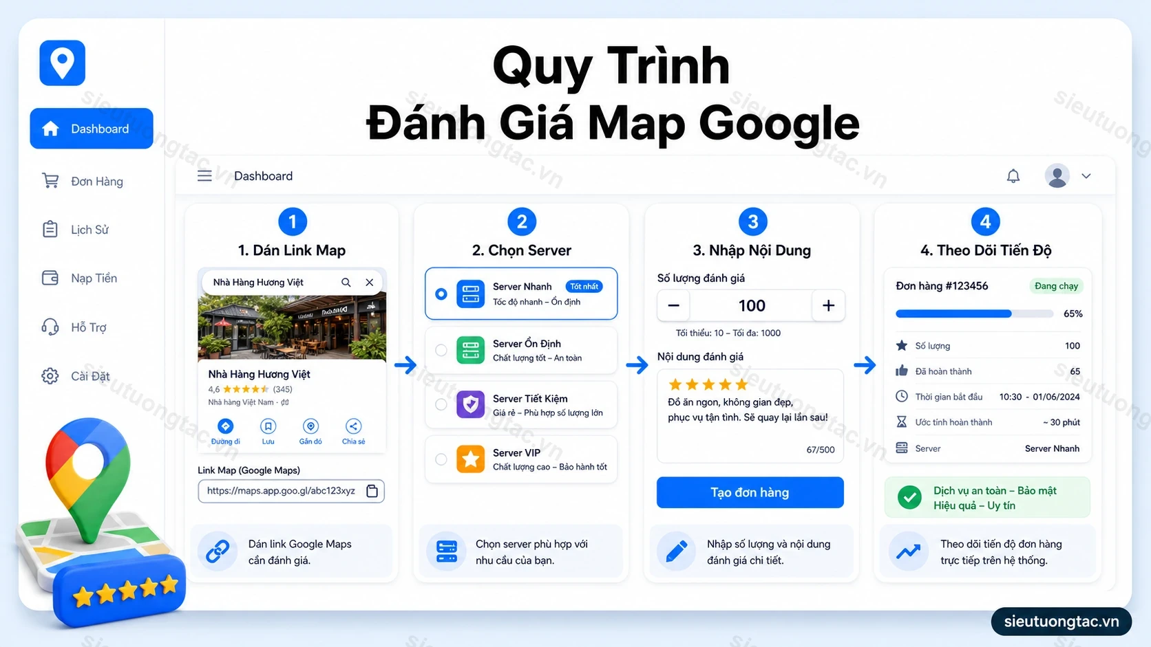 Quy trình đặt dịch vụ đánh giá Map Google tại Siêu Tương Tác