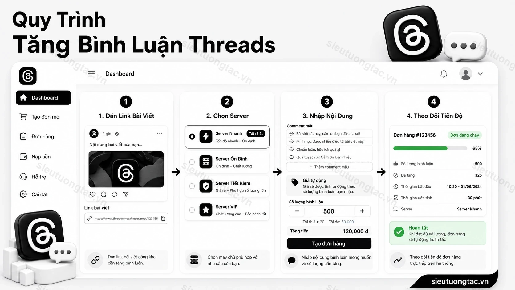 Quy trình đặt tăng bình luận Threads tại Siêu Tương Tác