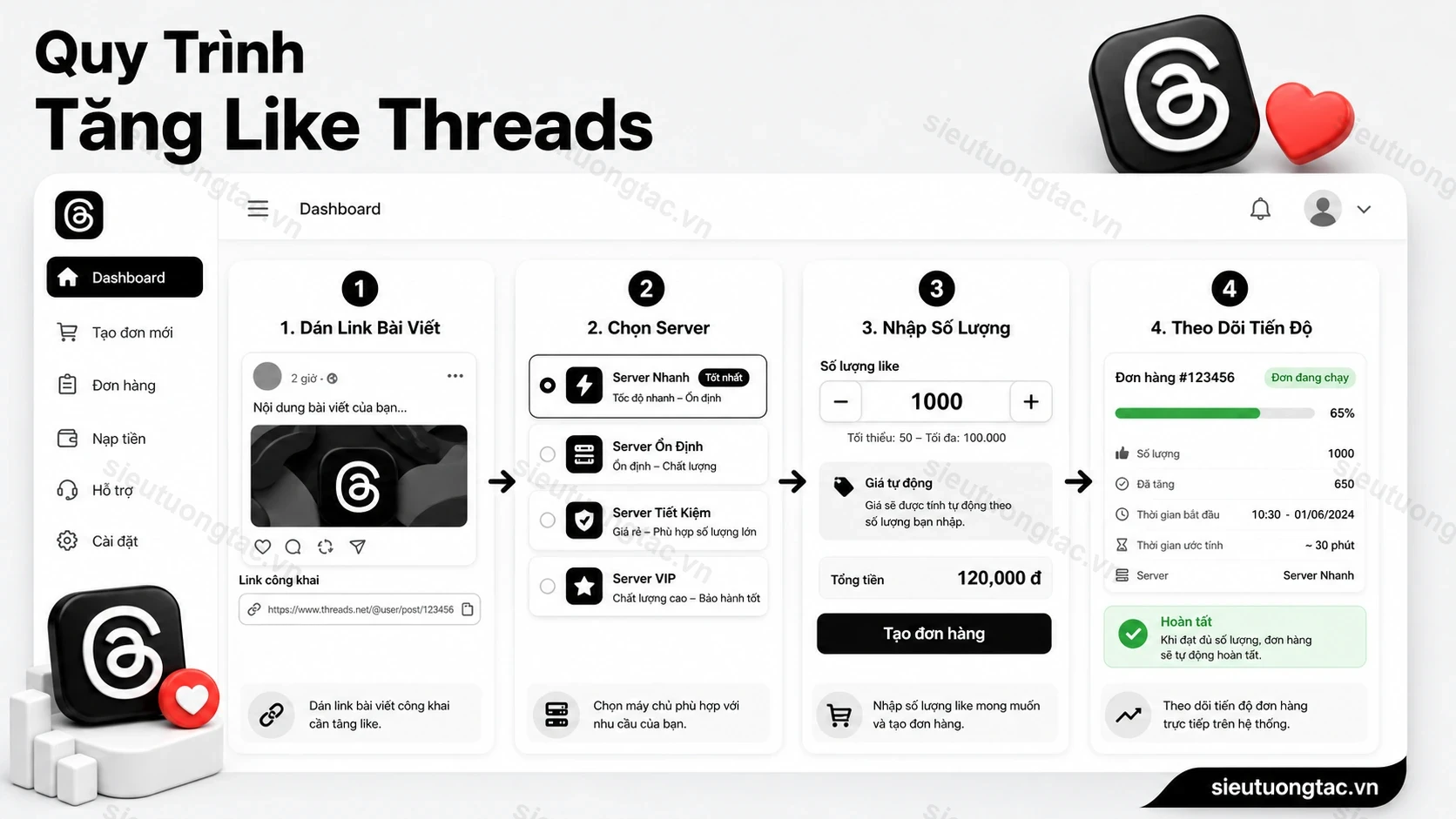 Quy trình đặt tăng like bài viết Threads tại Siêu Tương Tác