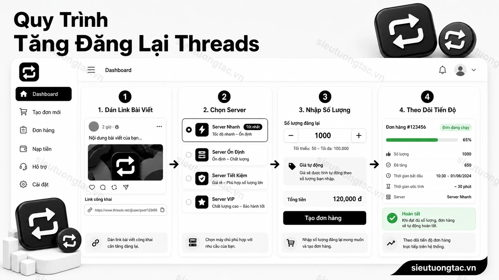Quy trình đặt tăng lượt đăng lại Threads tại Siêu Tương Tác