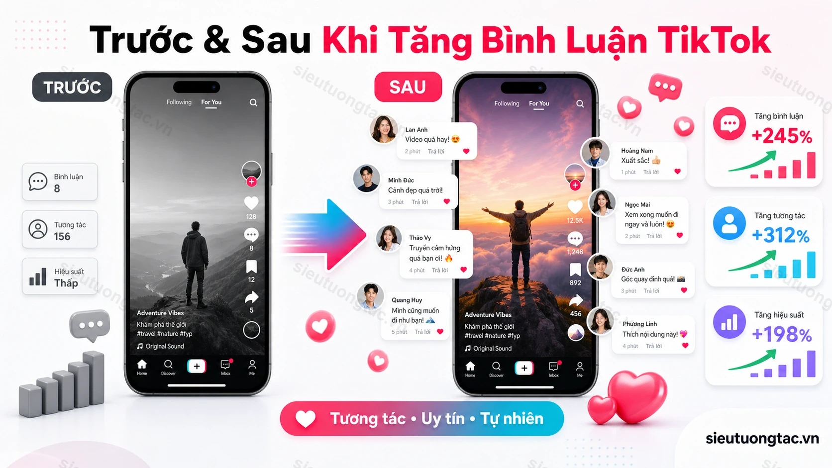 Trước và sau khi tăng bình luận video TikTok cho nội dung bán hàng