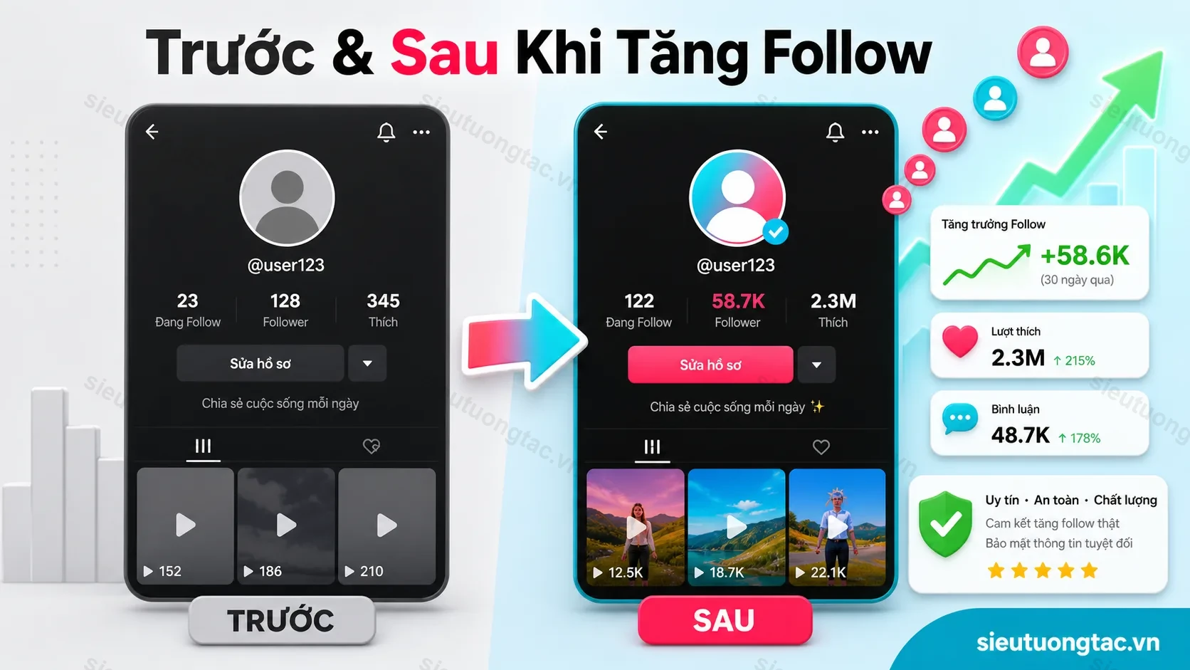 Trước và sau khi tăng người theo dõi TikTok cho hồ sơ